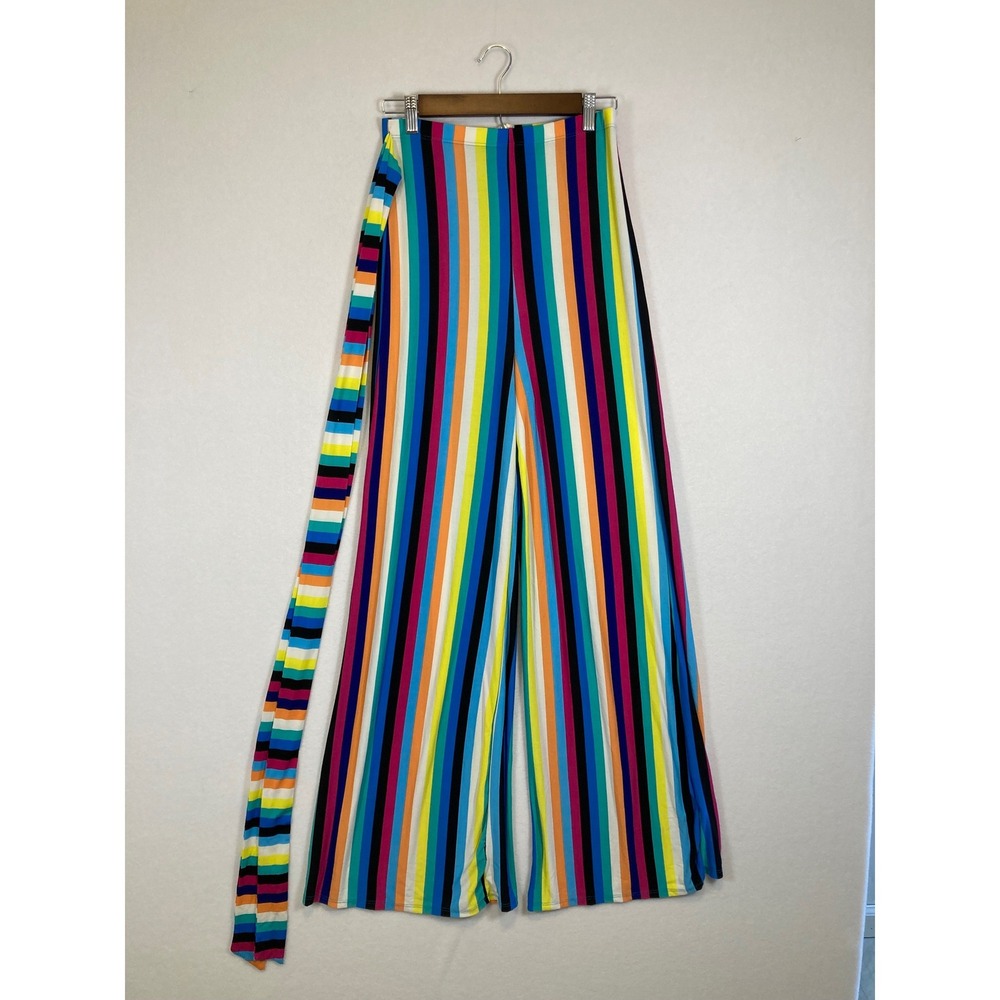 Fashion Nova Wide Leg Rainbow Striped Pants Women Medium Multi Color Retro Style